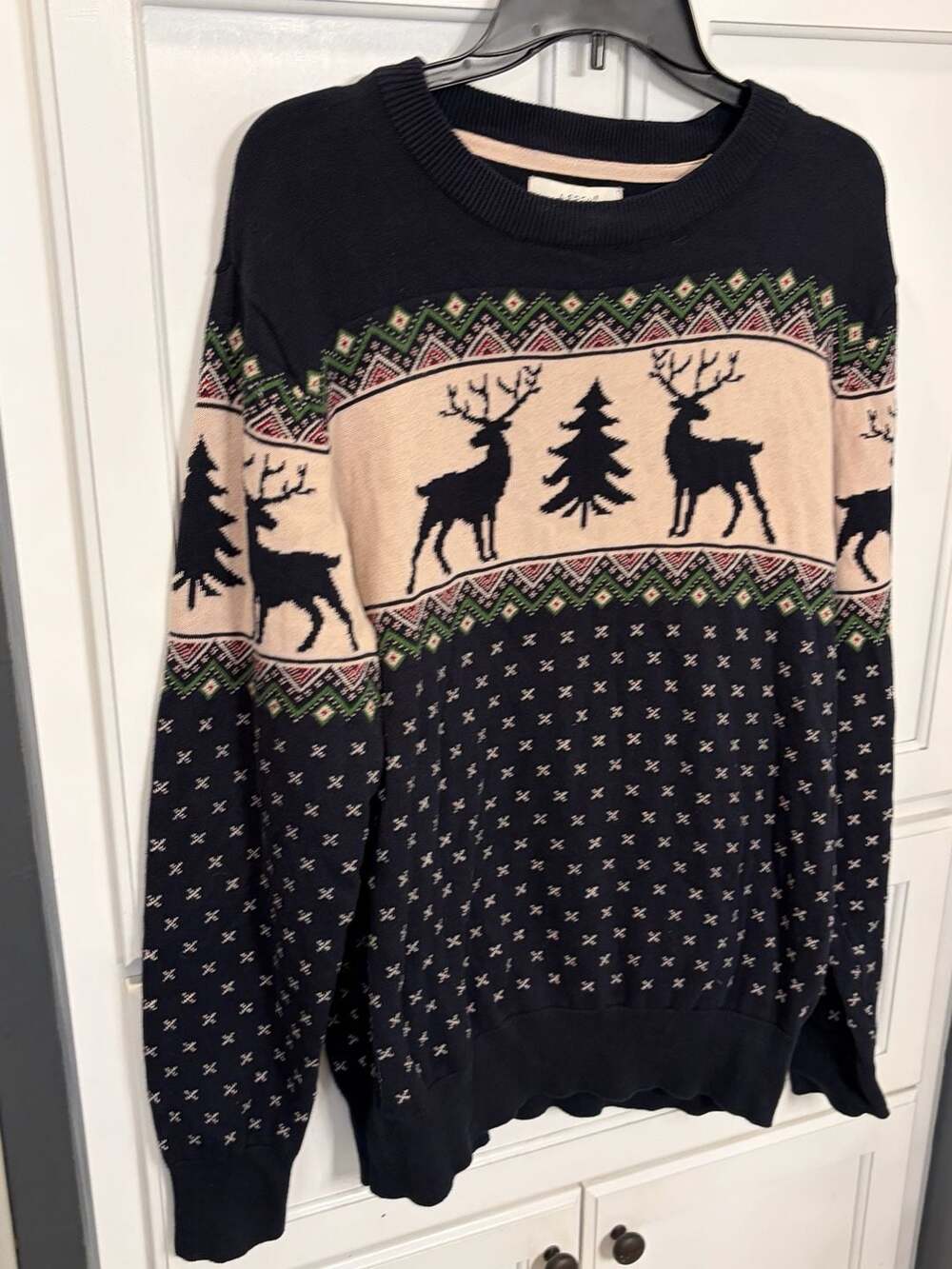 Aspen Men’s Large Navy Reindeer Fair Isle Christmas Cotton Sweater Nordic